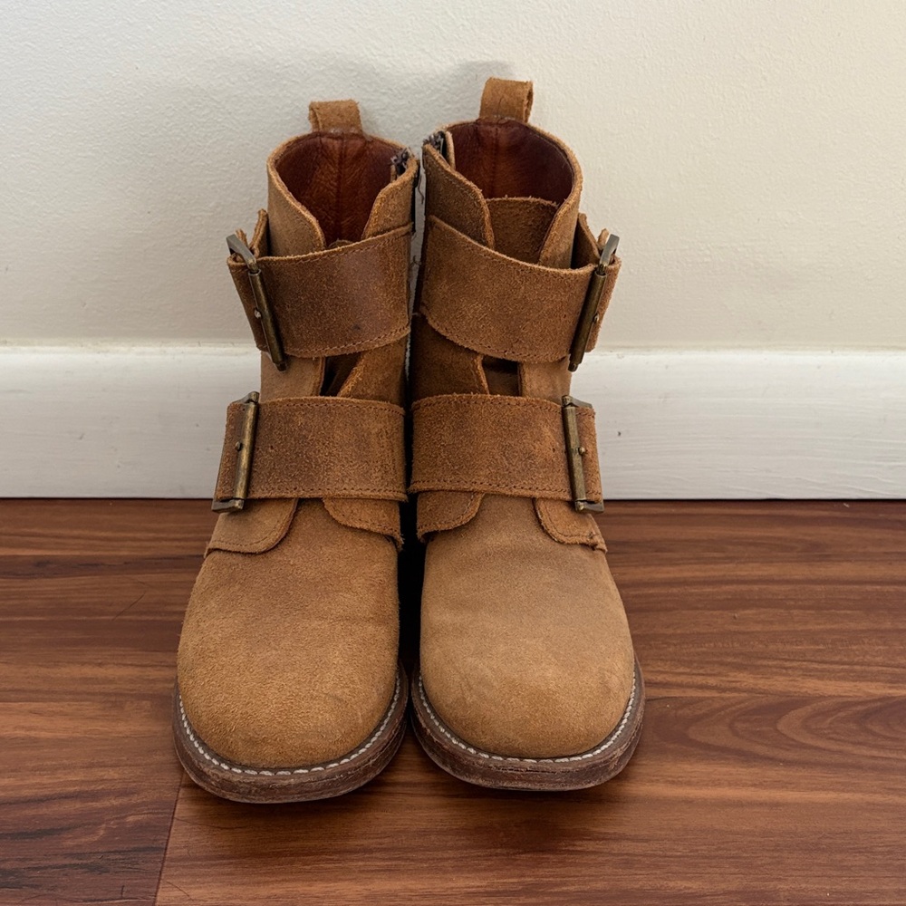 Frye Tan Suede Double-Buckle Heeled Ankle Boots - Picture 11 of 15